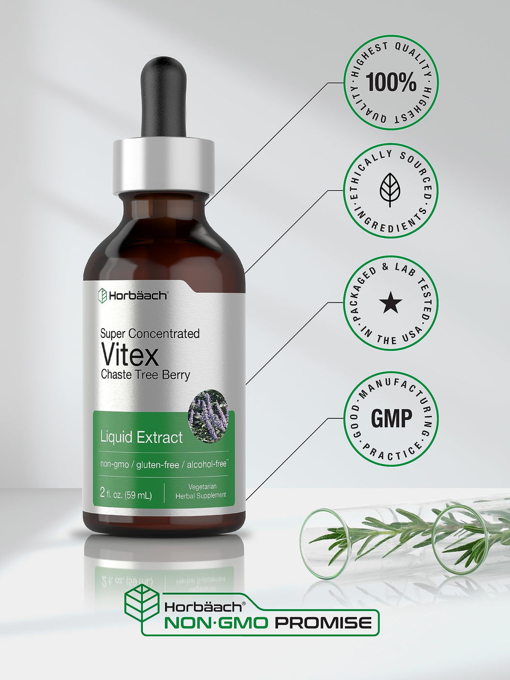 Side view of Horbaach Vitex Berry Chasteberry Tincture bottle