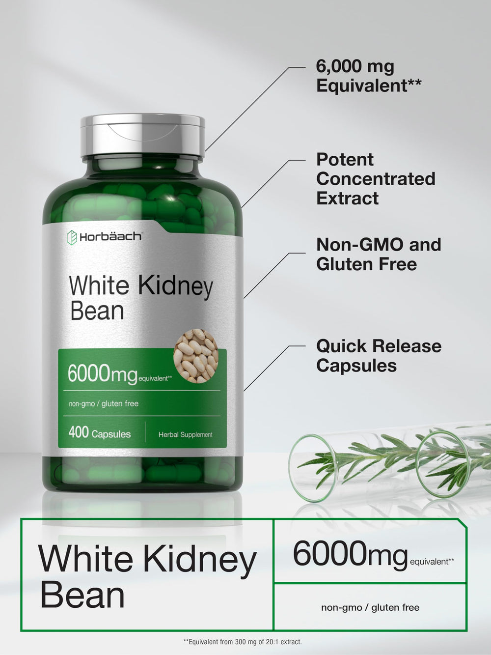 Ingredient and supplement facts panel for Horbaach White Kidney Bean Extract Capsules
