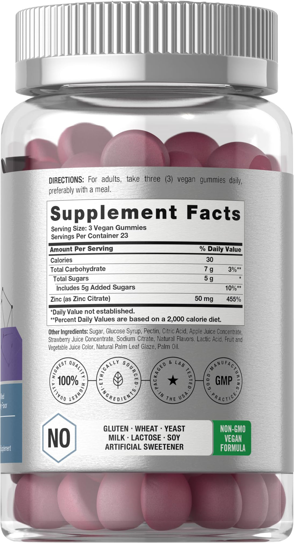 Front view of Horbäach Zinc 50mg bottle with 70 gummies