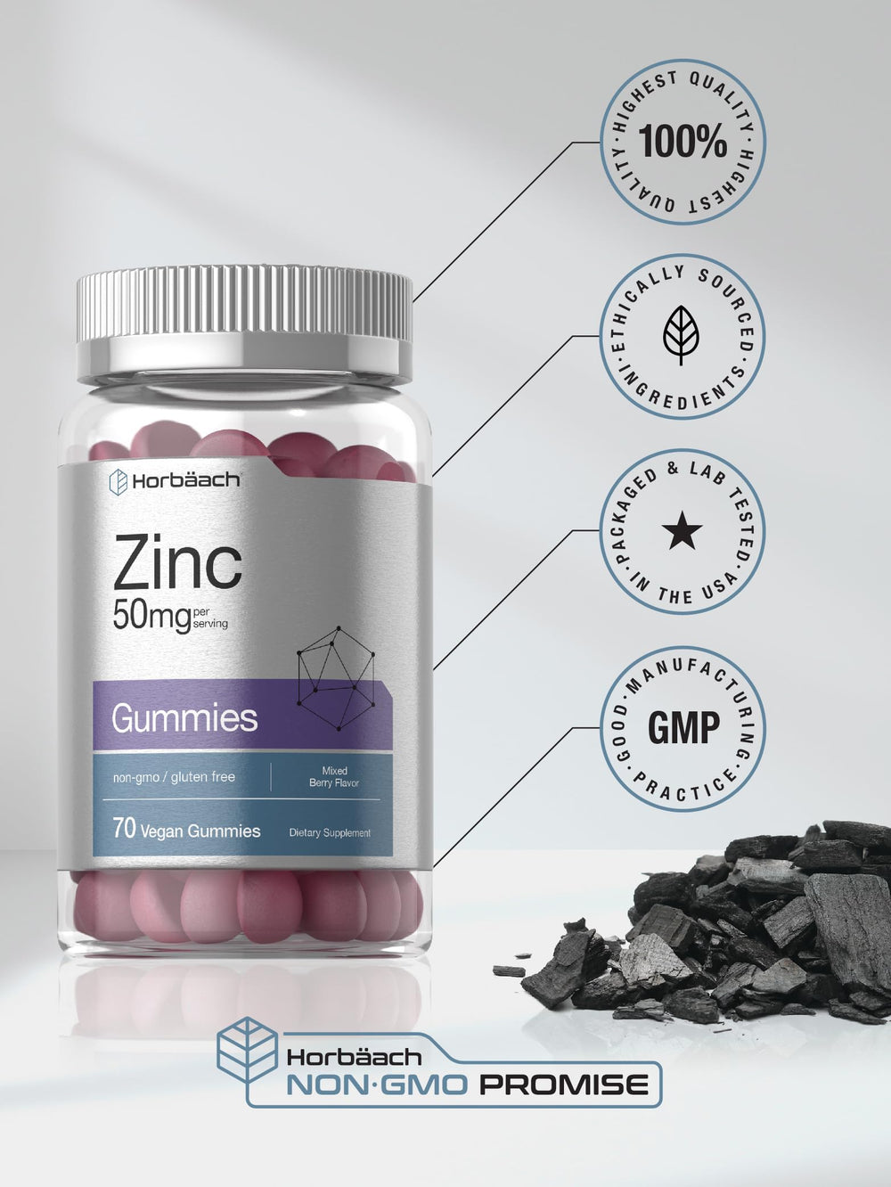 Close-up of Horbäach zinc gummy texture in mixed berry flavor