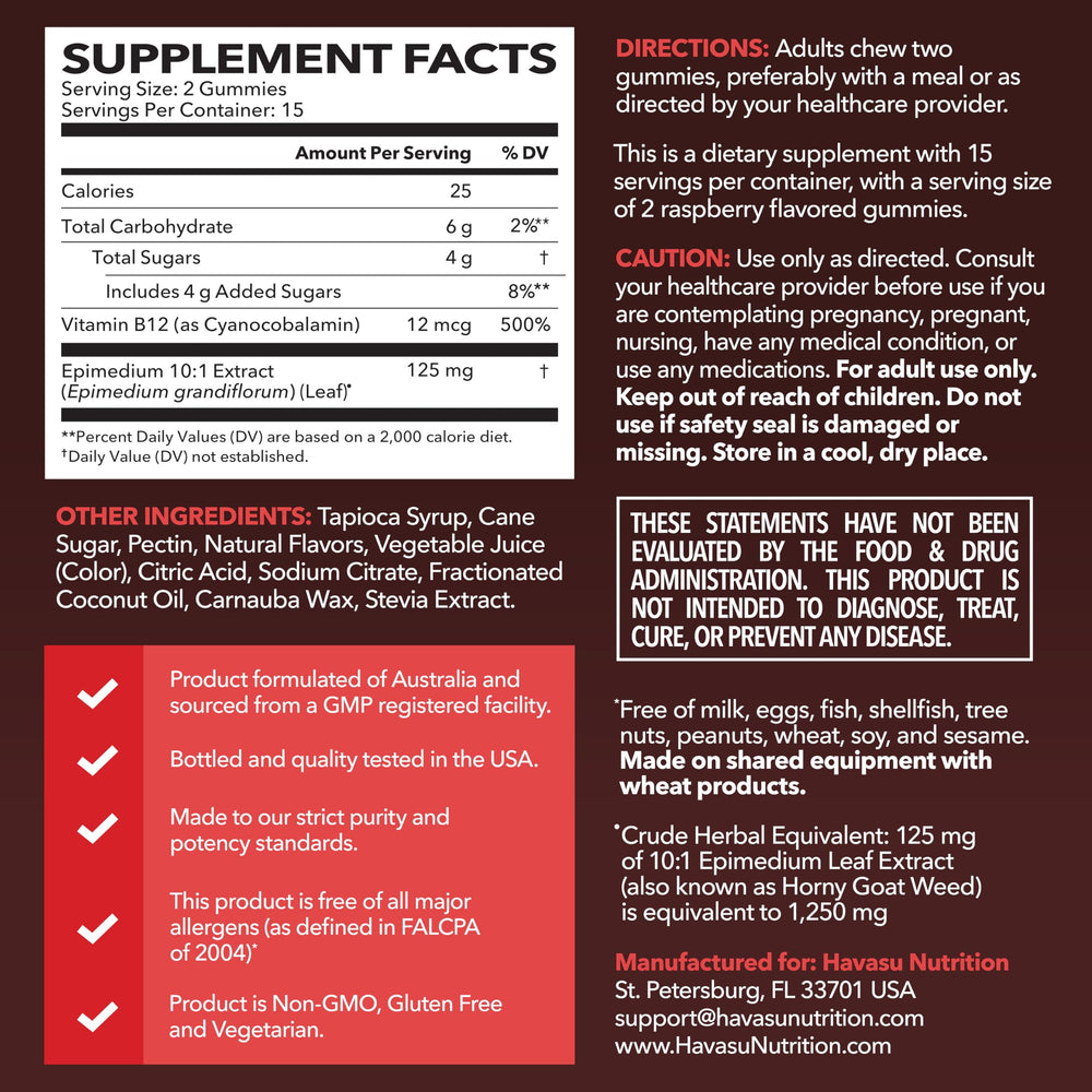 Product packaging for Horny Goat Weed Gummies with Vitamin B12 Raspberry