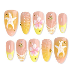 HOSAILY yellow French tip nails with 3D starfish for beach-ready style