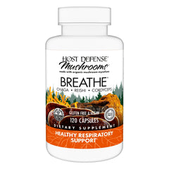 Front label of Host Defense Breathe Capsules bottle showing 120 capsules