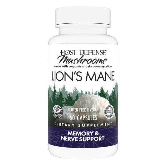 Front view of Host Defense Lion's Mane brain health capsules bottle