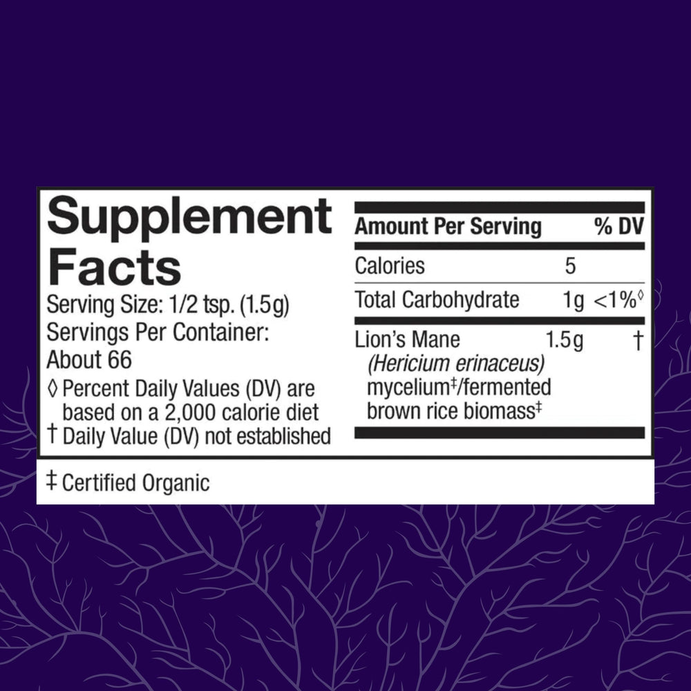 Close-up of Host Defense Lion's Mane Powder label