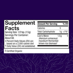 Close-up of Host Defense Lion's Mane Powder label