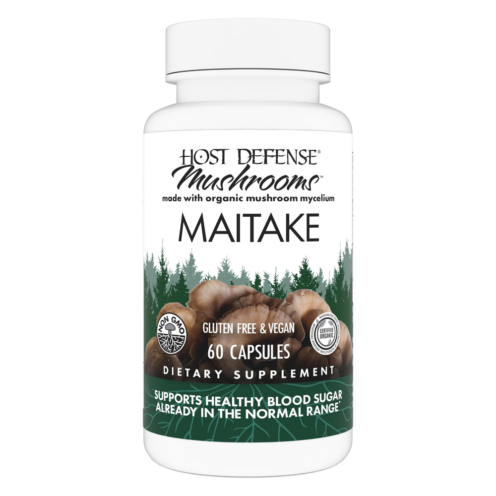 Host Defense Maitake Capsules bottle – 60 capsules for immune and cellular health.