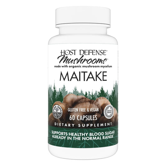 Host Defense Maitake Capsules bottle – 60 capsules for immune and cellular health.