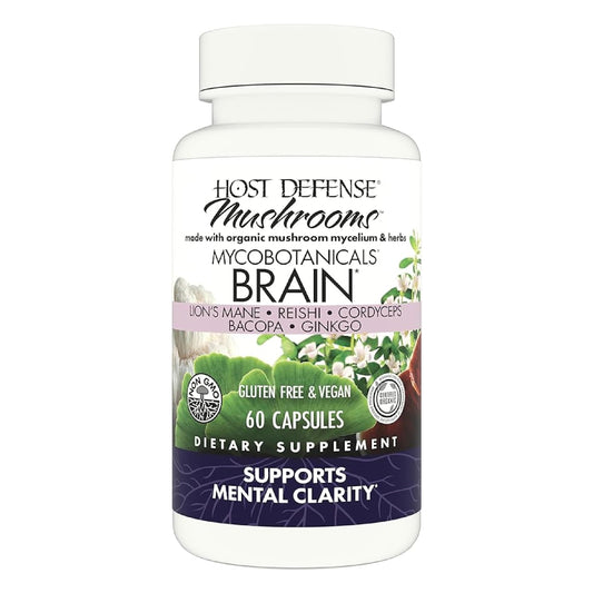 Bottle of Host Defense MycoBotanicals Brain Capsules with label
