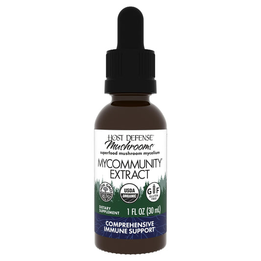 Host Defense MyCommunity Extract bottle with 17-species mushroom blend