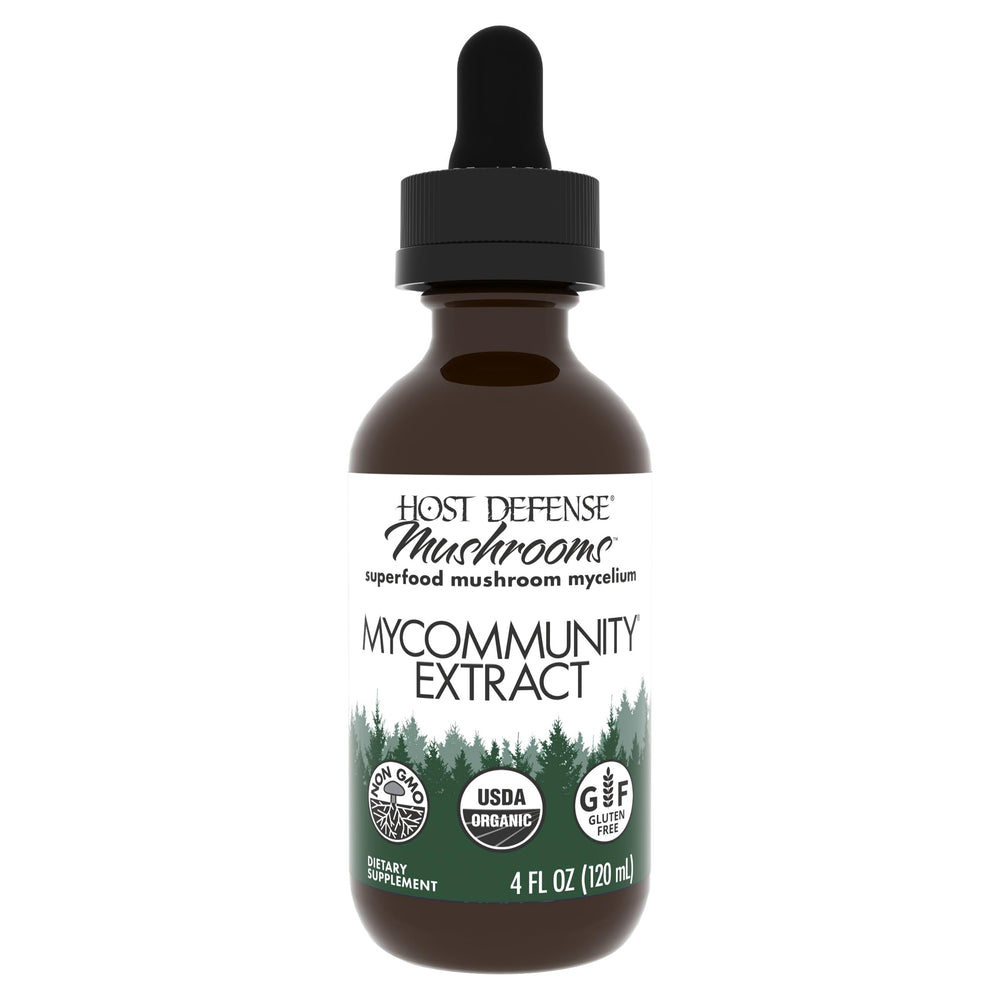 Host Defense MyCommunity Extract bottle front view highlighting the 17-species blend for daily immune support.