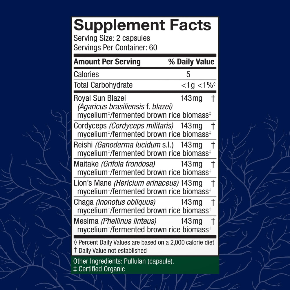 Host Defense Stamets 7-7 capsules close-up highlighting seven-mushroom blend.