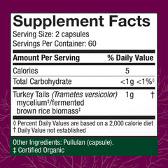 Host Defense Turkey Tail capsules label closeup, highlighting organic mushroom ingredients.