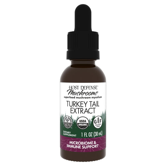 Host Defense Turkey Tail Extract bottle with dropper on white background