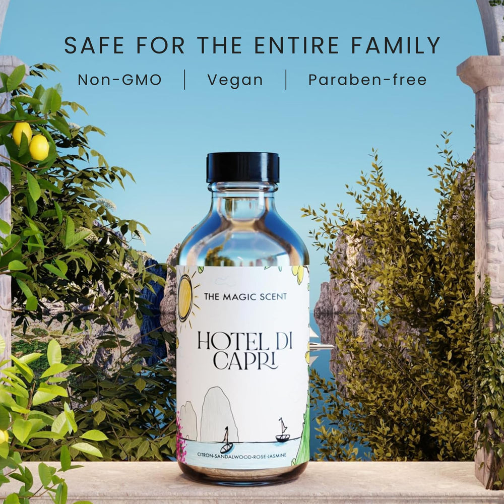 Close-up of Hotel Di Capri diffuser oil bottle showing natural ingredients