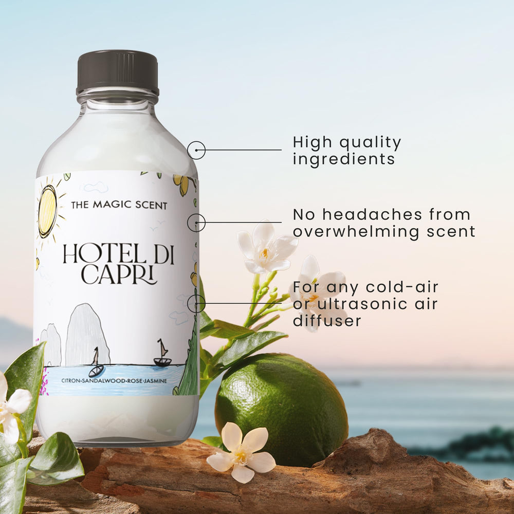Hotel Di Capri diffuser oil box packaging with Capri-inspired artwork
