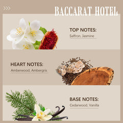 Close-up of Baccarat hotel scent diffuser oil bottle label