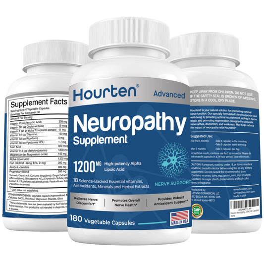 Hourten neuropathy supplement bottle containing 180 capsules