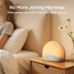 HOUSBAY Sunrise Alarm Clock dimmable display reduces glare at night.