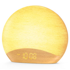 Housbay Sunrise Alarm Clock front view showing wooden tone and soft display for gentle wake.