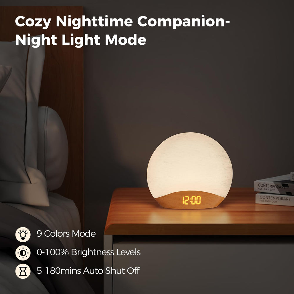 Housbay Sunrise Alarm Clock display with sleep-sound options accessible.