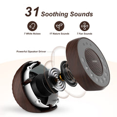 HOUSBAY white-noise-machine 31-sounds panel showcases diverse options for sleep and focus.