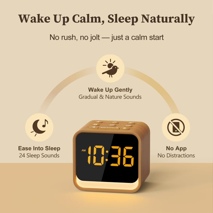 Housbay wooden alarm clock on nightstand demonstrates compact design for clutter-free space.