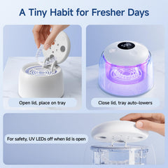Retainers, dentures, aligners, and toothbrush heads placed for cleaning