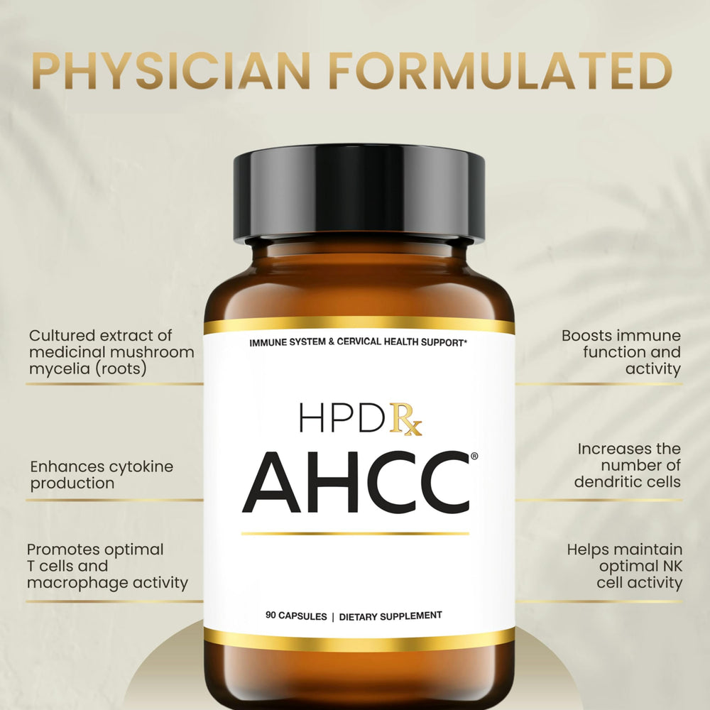 HPD Rx Premium AHCC and Shiitake on store display emphasizes trusted clinical backing