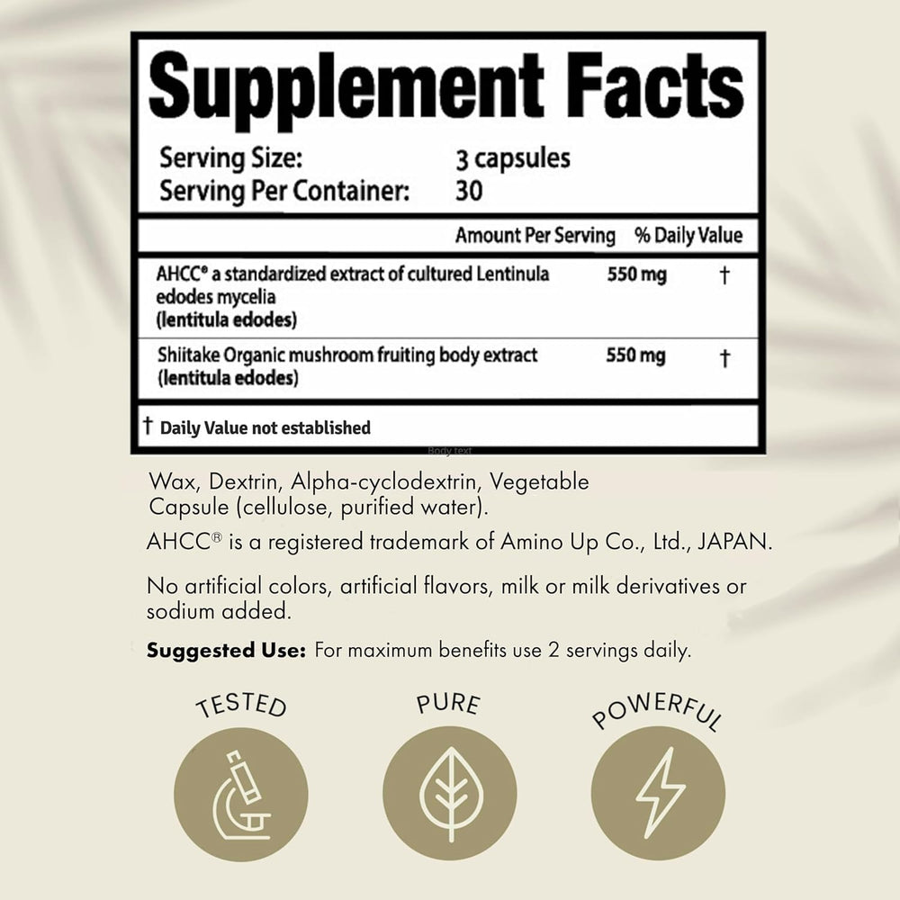 Shiitake mushroom extract and AHCC supplement ingredients concept