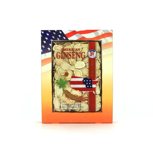 Front view of Hsu's SKU 126LL-4 4 oz box of medium sorted ginseng slices