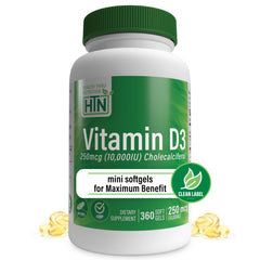 Health Thru Nutrition Vitamin D3 10,000 IU bottle with 360 mini softgels