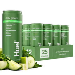 Huel bottle front packaging showing apple cucumber mint flavor and benefits
