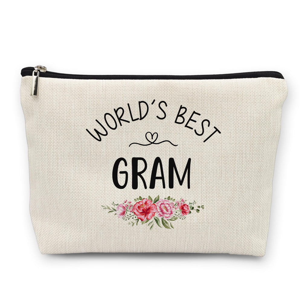 Huester Gram Gifts makeup bag closeup stitching shows durable linen for everyday travel.