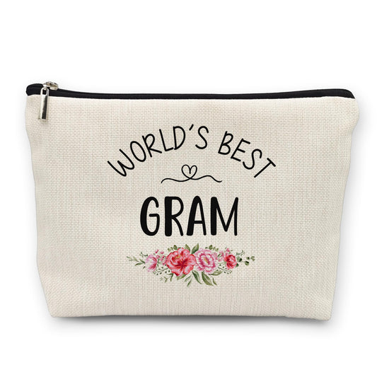Huester Gram Gifts makeup bag closeup stitching shows durable linen for everyday travel.