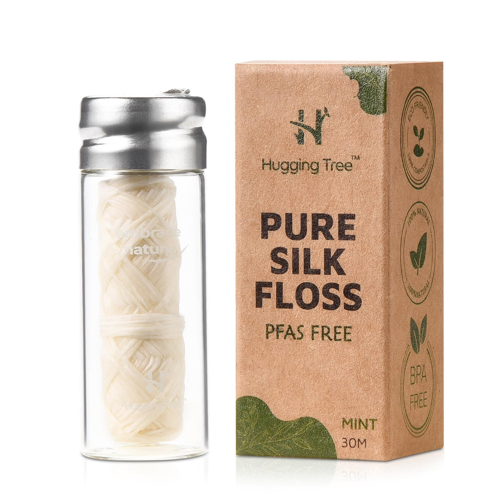 HUGGING TREE silk dental floss in glass dispenser