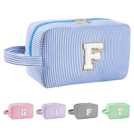Huifen initial makeup bag blue front view for chic organization on the go
