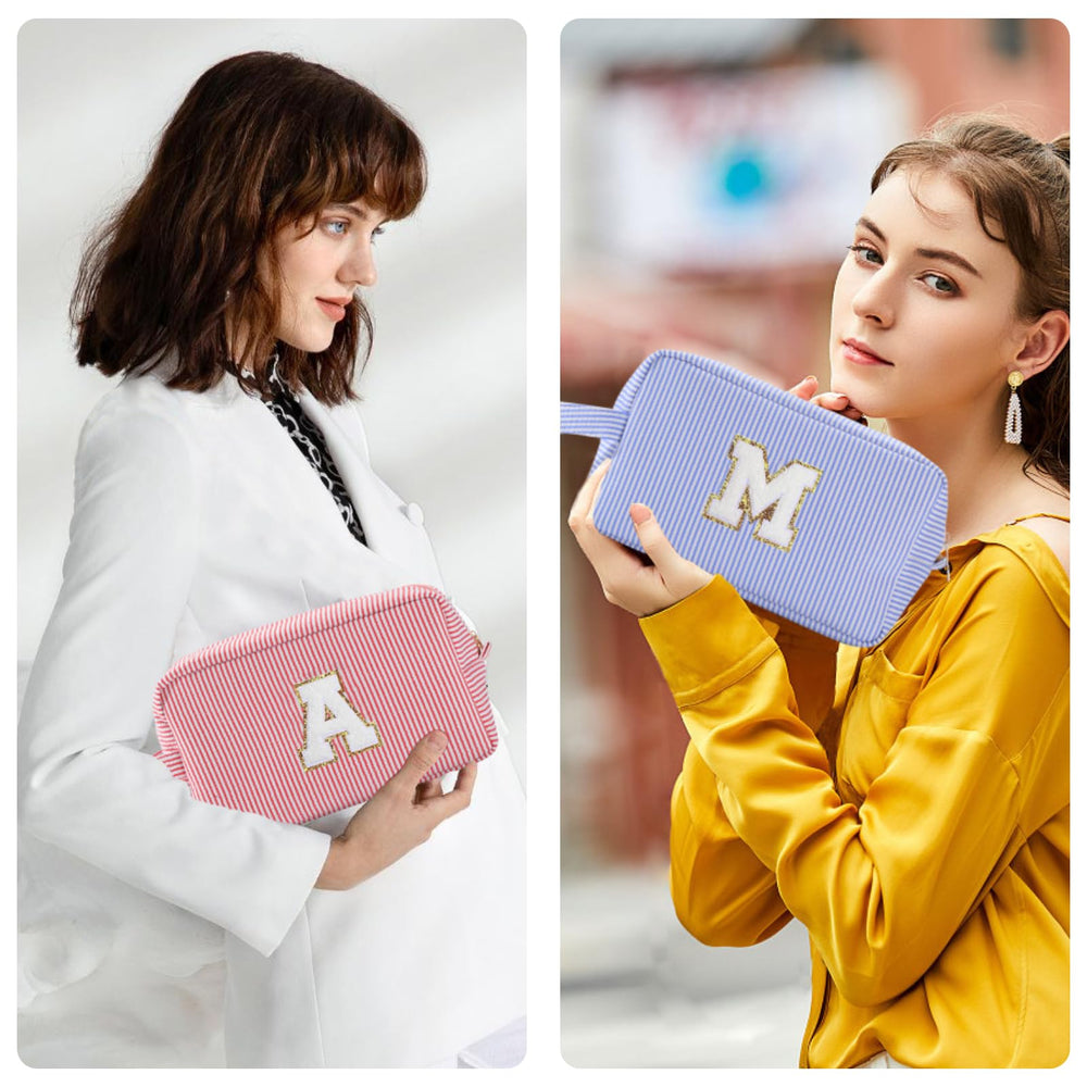 Huifen initial makeup bag blue interior pockets keep cosmetics neatly separated