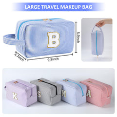 Huifen initial makeup bag with large capacity and seersucker material for travel.