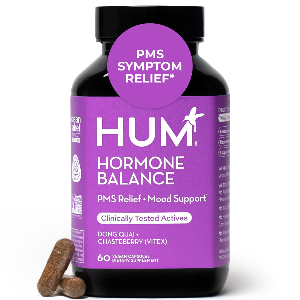 HUM Hormone Balance bottle and capsules for monthly support.