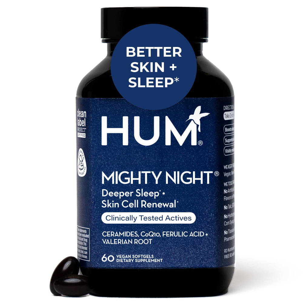 Hum Mighty Night bottle front promotes overnight skin care and glow.
