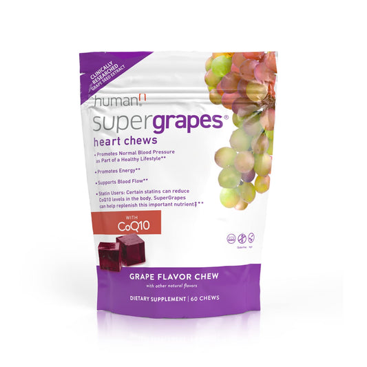 Front view of HumanN SuperGrapes Chews bottle with CoQ10 and grape seed extract