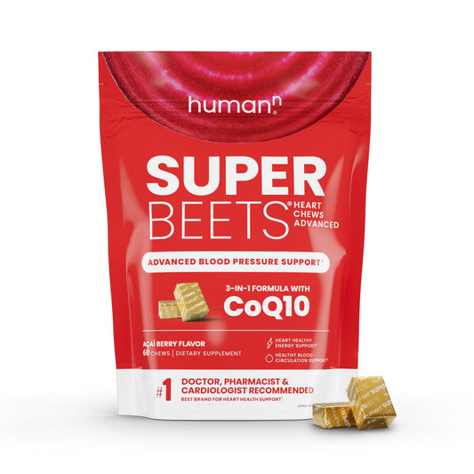 Bottle of humanN SuperBeets Heart Chews Advanced on white background