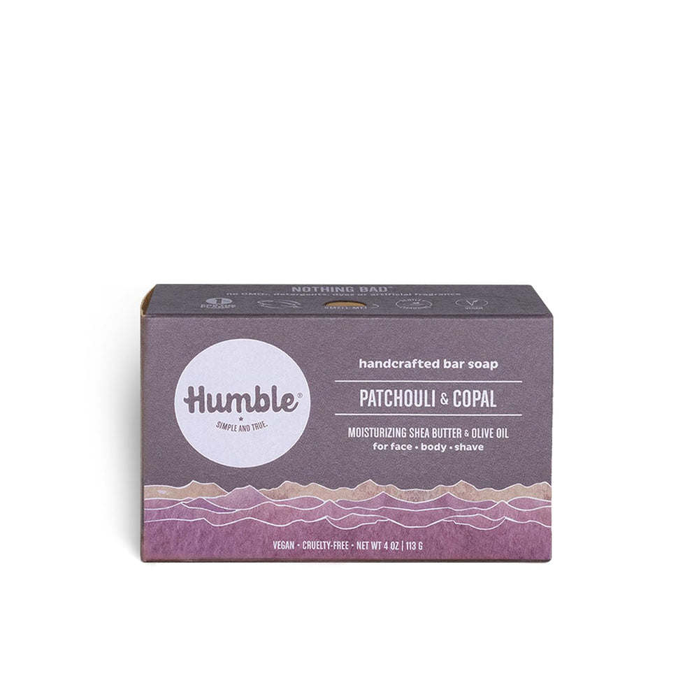 Humble Brands patchouli copal soap closeup showing warm fragrance for daily cleansing