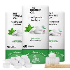 The Humble Co mint-flavor chewable toothpaste tablets in plastic-free packaging
