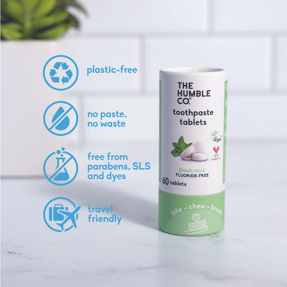 Plastic-free cardboard container packaging for Humble Co toothpaste tablets