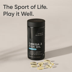 Sports Research Omega-3 bottle shows 180 softgels for daily use