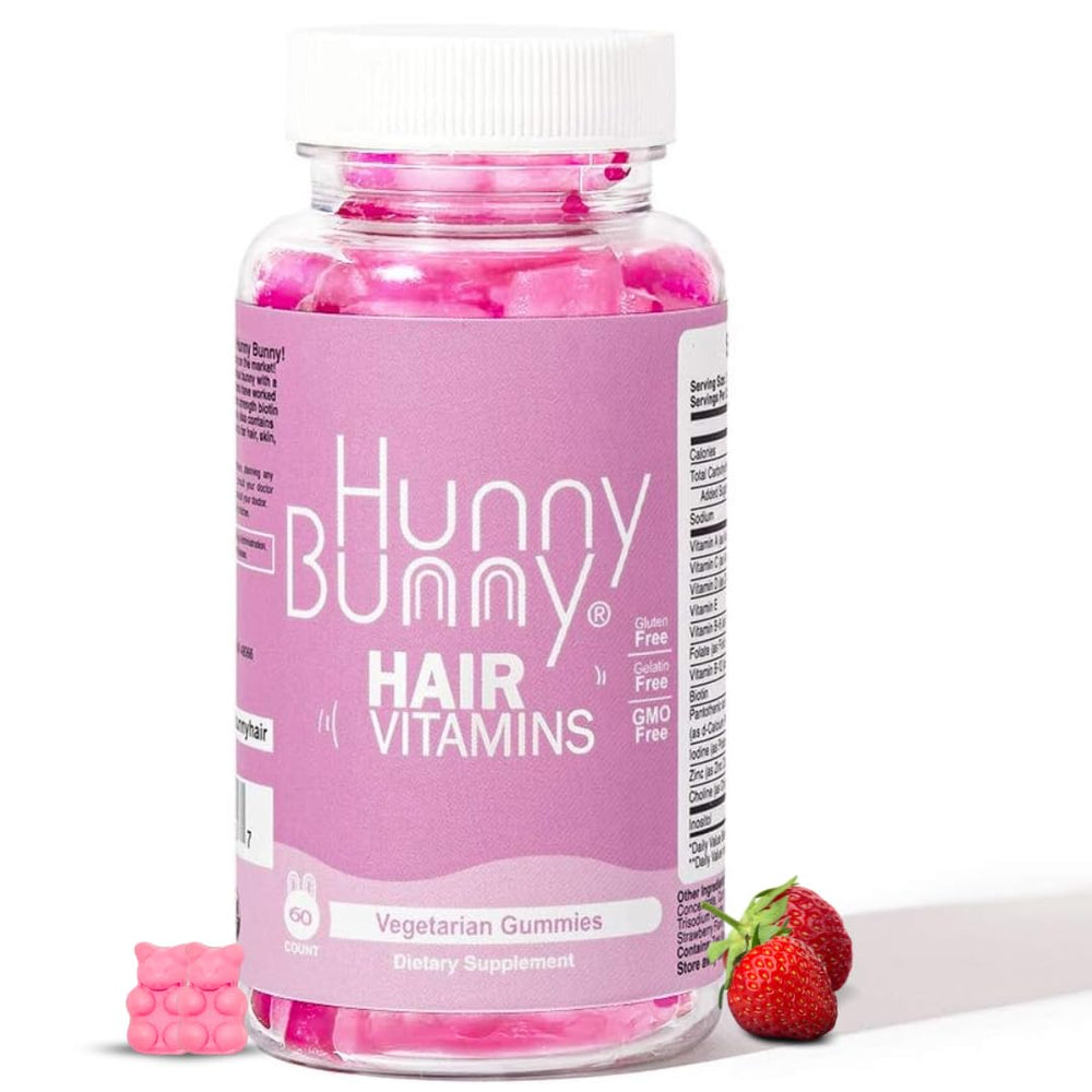 Hunny Bunny Hair Vitamin Biotin Gummies bottle with pink bear gummies