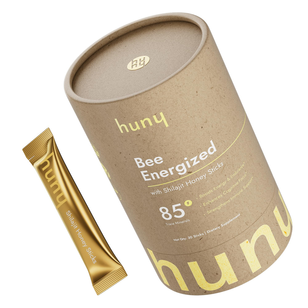 Front view of HUNY Bee Energized Shilajit Honey Stick