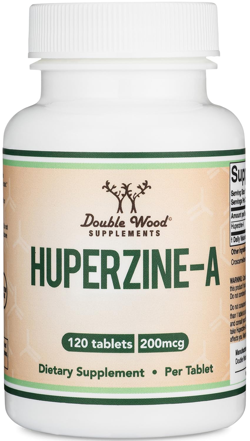 Front view of Double Wood Huperzine A 200mcg bottle with 120 tablets